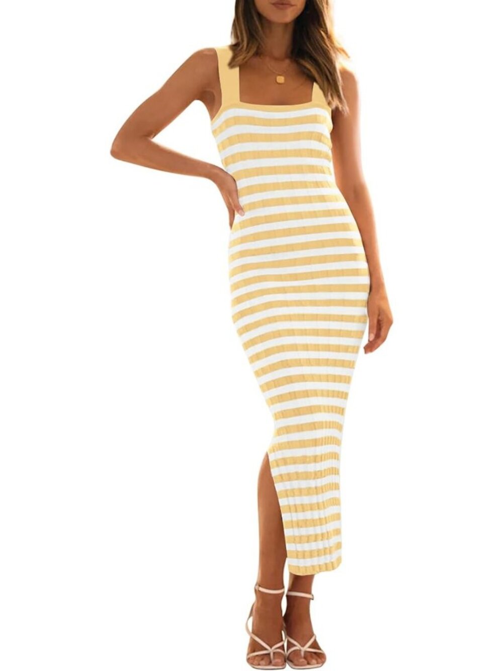Summer Striped Bodycon Midi Sweater Dress - Ribbed Knit, Casual Chic Style
